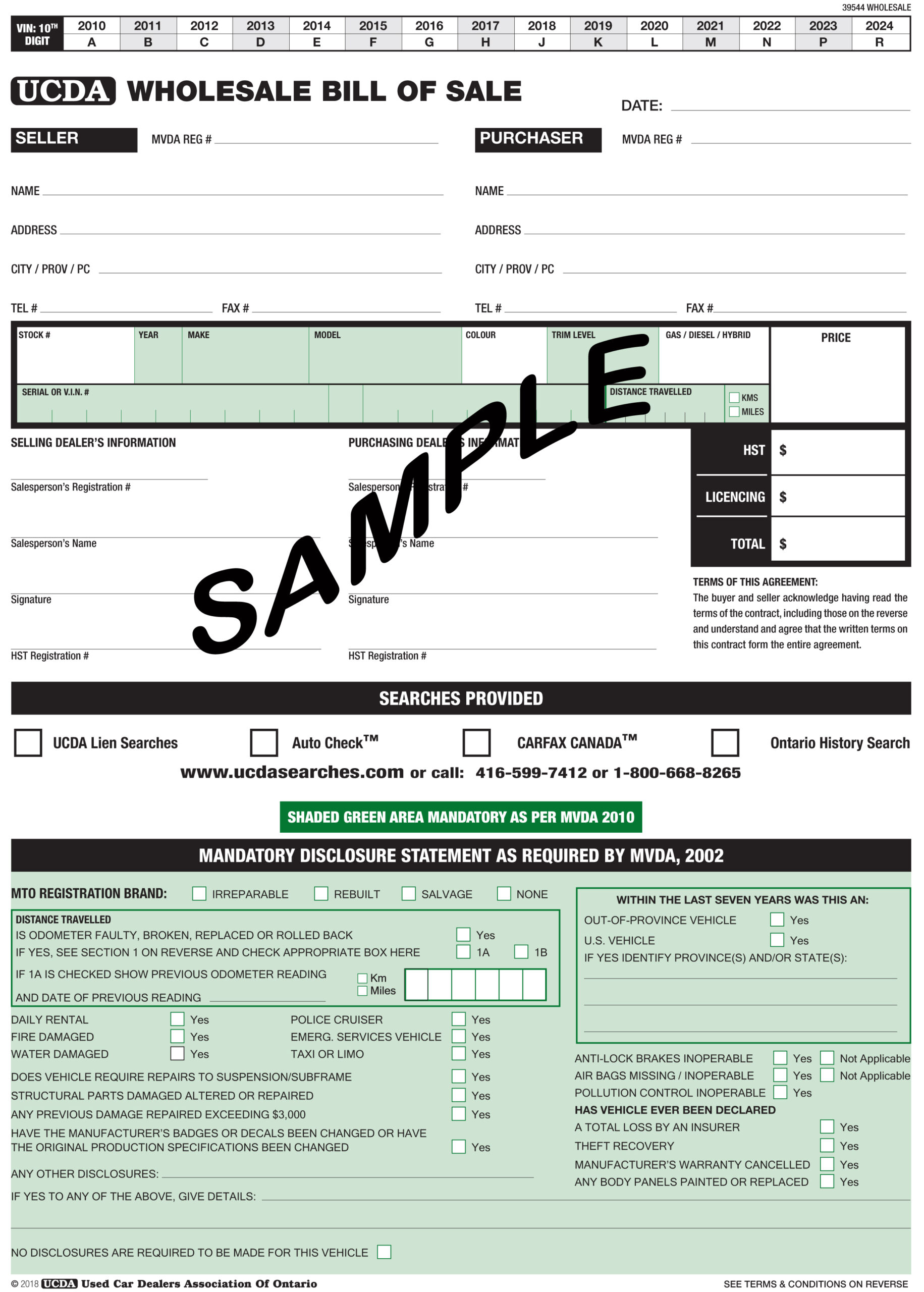 Car Bill Of Sale Ontario Template